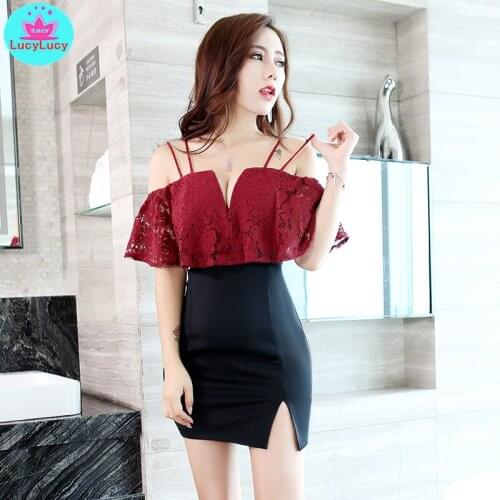 2021 summer nightclub womens new slim lace stitching tight-fitting sexy one-shoulder strap dress Zippers Knee-Length