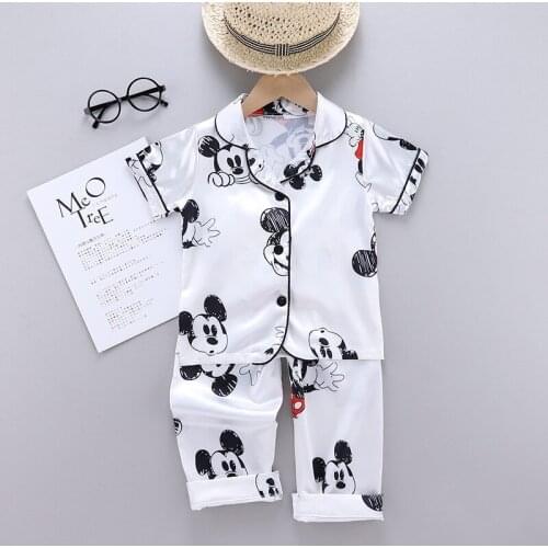 Summer Baby Short Sleeve Kid Sleepwear Set Ice Silk Pajamas Boys for Children Home Cloth Girls Disney Cartoon Mickey Wear Suit