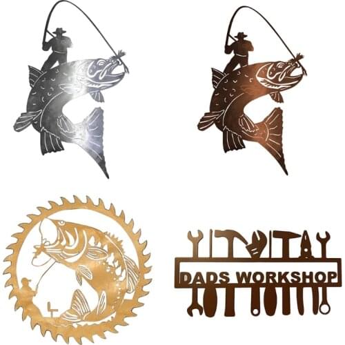 Metal Wall Art Fishing Hanging Pendant Rustic Hunting Scene Ornament Artwork Home Office Cabin Farmhouse Decoration Gift N0PA