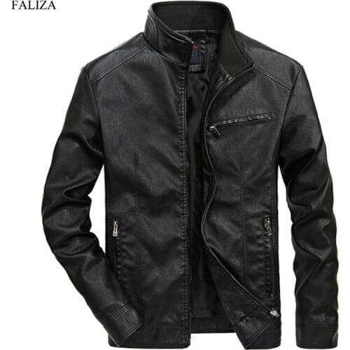 FALIZA Winter Spring Leather Jacket Men Stand Collar PU Streetwear Men Motorcycle Leather Jackets Slim Mens Brand Clothing JK135