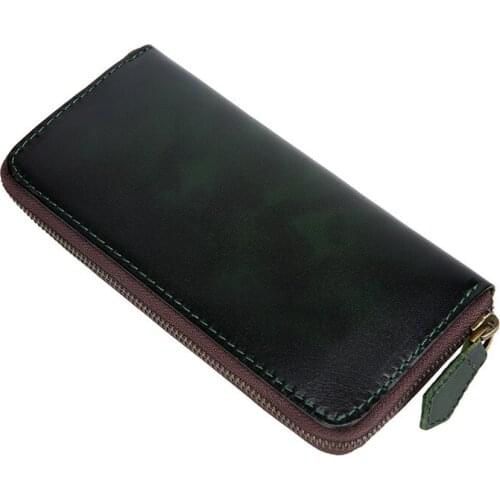 Genuine leather men long purse handmade zipper wallet