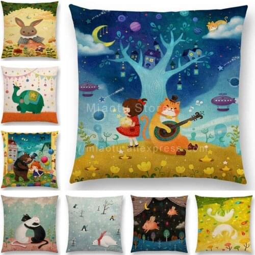 New Cute Lovely Girl Happy Family Cushion Cover Party Rabbit Elephant Bear Cat Fox Pig Cartoon Animals Sofa Throw Pillow Case