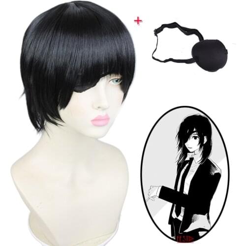 Anime Chainsaw Man Himeno Cosplay Wig Short Black Wig Eyes Patch Heat-resistant Fiber Hair + Free Wig Cap Props for Woman Man