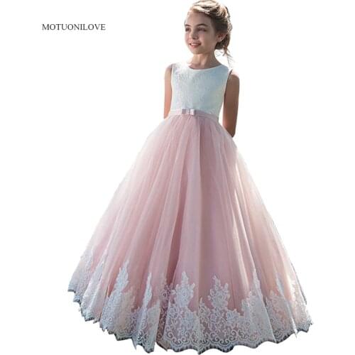 Pink Lace Tulle Flower Girl Dress Junior Girls Princess Pageant Dress Kids Prom Ball Gowns Birthday Party Dresses 2019