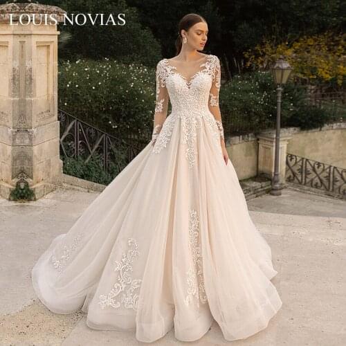 Louis Novias Beach Wedding Dress (Exquisite Embroidery)Long Sleeves(Flower Print) (Twisting) (Princess)Wedding Dress Custom