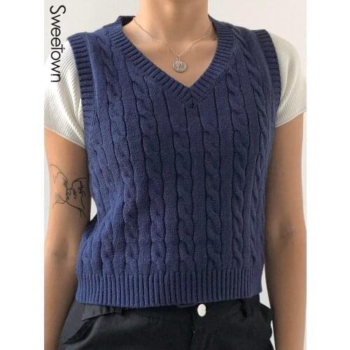 Sweetown Geometric Pattern Knitted Tank Top Female Sweater Vest Preppy Style Y2K Clothes V Neck Cropped Knitwear 90s Crop Tops