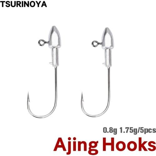 TSURINOYA Bait Finesse Jig Head Hooks 0.8g 1.75g AJING Fishing Rockfish Hooks For Worm Soft Lure 5PCS Light Game Fishing Tool