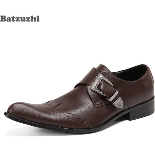Batzuzhi Formal Genuine Leather Dress Shoes Men Luxury Handmade Mens Shoes Pointed Toe Buckle Brown Business Leather Shoes Men
