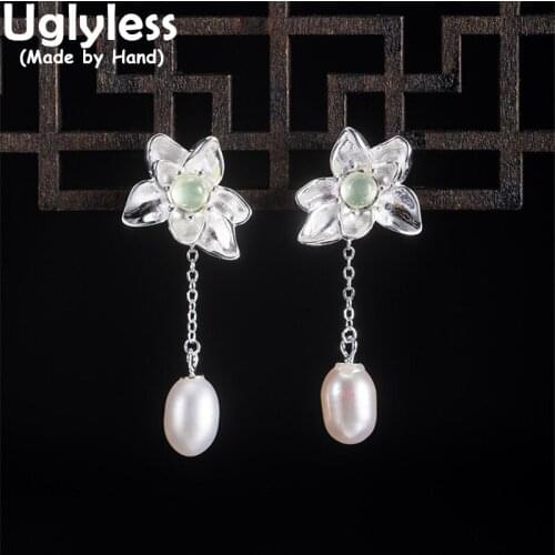 Uglyless Glossy Silver Prehnite Flowers Jewelry Sets Women Natural Pearls Tassels Earrings Chokers Necklaces 925 Silver + Chains