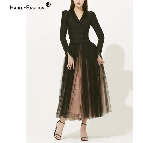 HARLEYFASHION Women Slim Luxurious Black 2 Piece Sets Fashion Double Breasted Short Top + Clashing Color Ball Gown Gauze Skirt