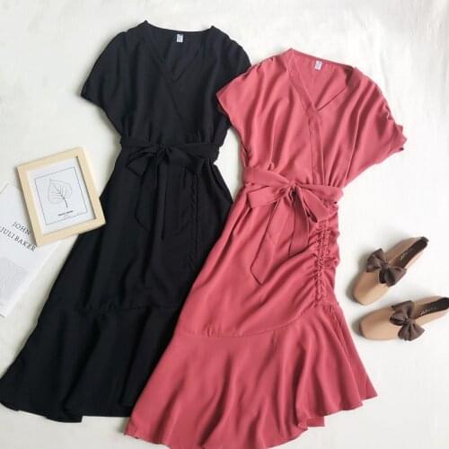 2021 Women Summer V Neck Short Sleeve Sashes Belt Dress Vintage Irregular Pullover Lace Up Bandage Strap Slim Ruffles Midi Dress