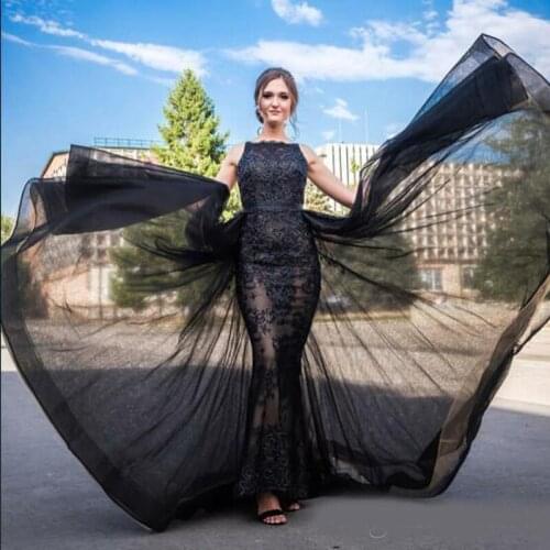 2020 Black Evening Dress Long Prom Dresses Sleeveless Lace Bateau Mermaid Party Gown Plus Size with Overskirt