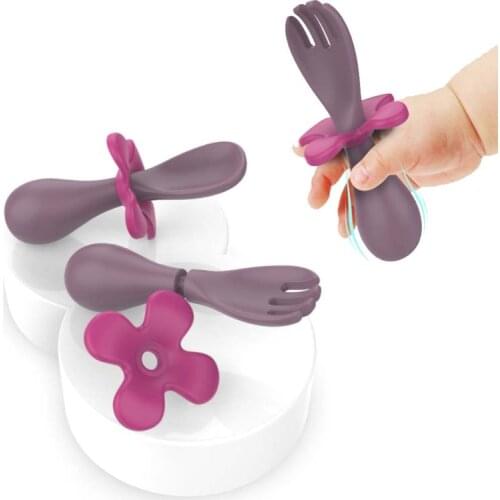 2Pcs Baby Learn Feeding Spoon Fork Set Solid Color Food Grade Silicone Kids Tableware Portable Toddler Training Cutlery