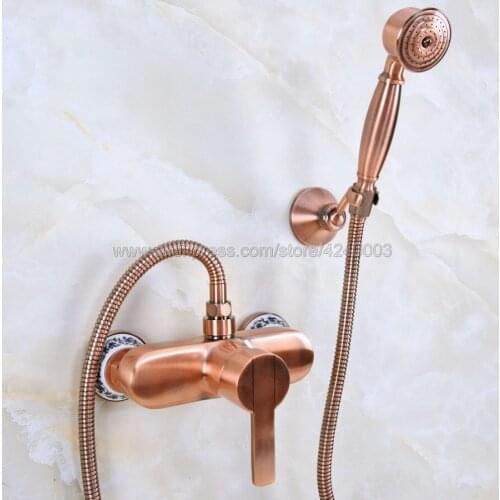 Antique Red CopperBath Faucets Wall Mounted Bathroom Basin Mixer Tap Crane With Hand Shower Head Bath & Shower Faucet Kna289
