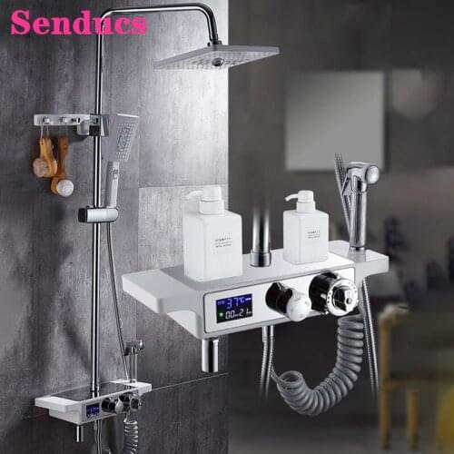 Bathroom Shower System Senducs White Chrome Bathtub Mixer Faucet Rainfall Shower Head Thermostatic Digital Bath Shower Mxier Set