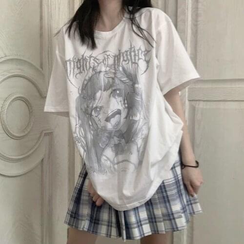 White Anime T Shirt Streetwear Summer Oversize Patchwork T Shirt Women Harajuku Short Sleeves Tops Tee Hip Hop Gothic Tshirt