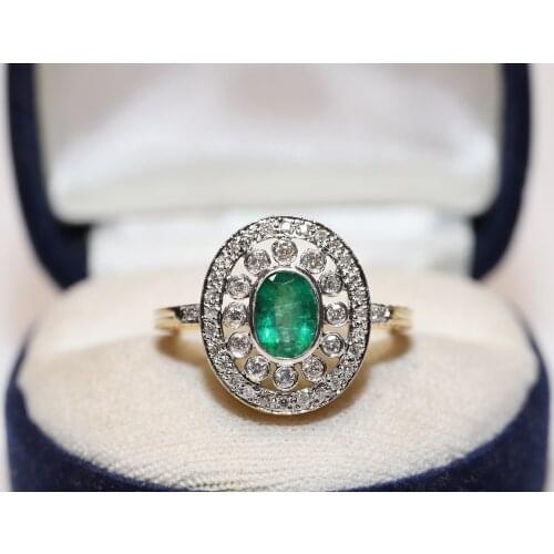 Art Deco Style Vintage 18k Gold Natural Diamond And Emerald Decorated Strong Ring