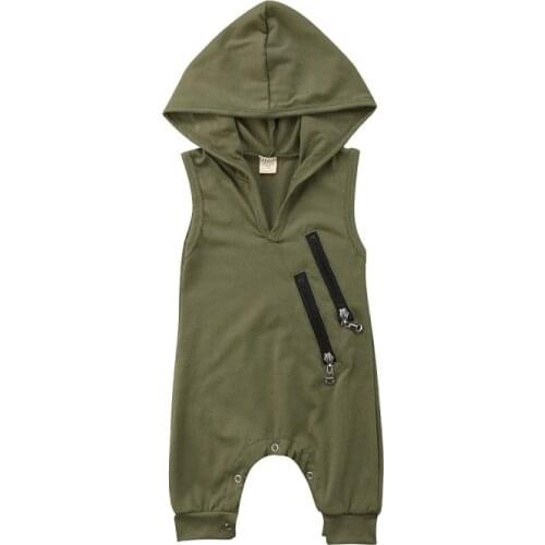 Hot Selling Lovely Baby Boys Sleeveless Rompers Army Green Hooded Rompers For Newborn Baby Boys Casual Jumpsuit Outfit Clothes
