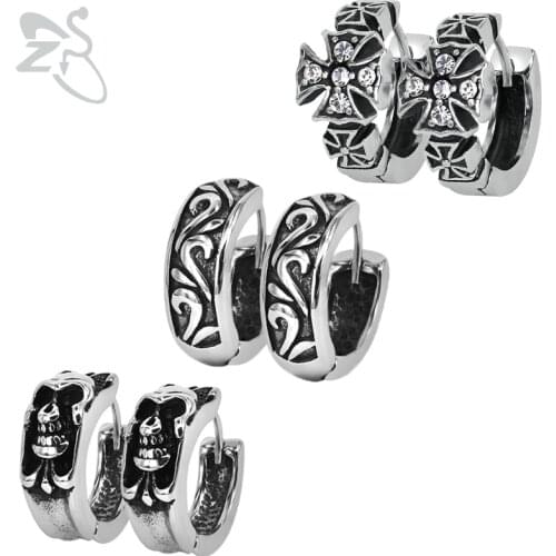 ZS Punk Small Hoop Earrings Skull Cross Stainless Steel Jewelry for Men Hip Hop Circle Cartilage Earring Biker Jewellry 1 Pair