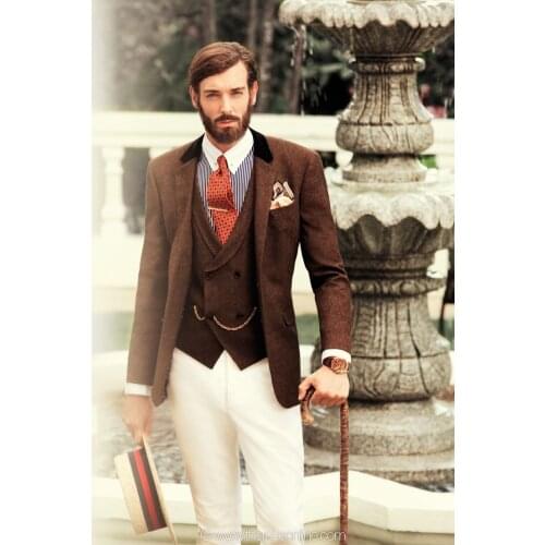 Latest Coat Pant Designs Brown Tweed Men Suit Prom Jacket Slim Fit 3 Piece Style Suits Groom Tuxedo Custom Blazer Masculino C78