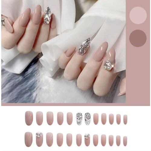 24Pcs/Set False Nails Pink 3D Diamonds DIY Slider Wear Long Paragraph Fashion Manicure Patch Fully Covered Nail Decoration