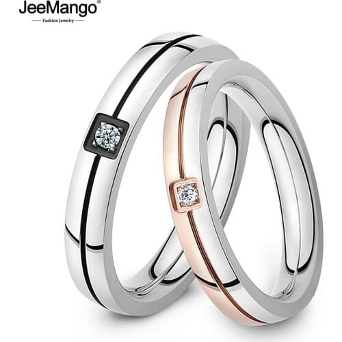 JeeMango New Cubic Zirconia Ring Stainless Steel Shinning Crystal Couple Ring Forever Love For Romantic Wedding Rings JR19102