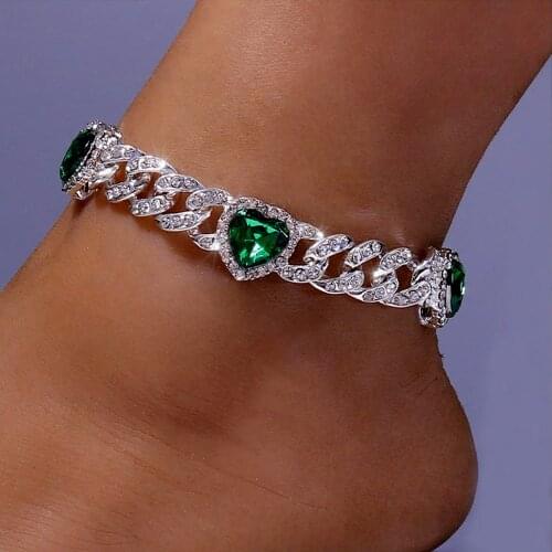 Hip Hop Mimai Green Heart Anklet Baguette Chain Cuban Link Rhinestone Barefoot Luxury Bling Women Anklets Jewelry 2021 Wholesale