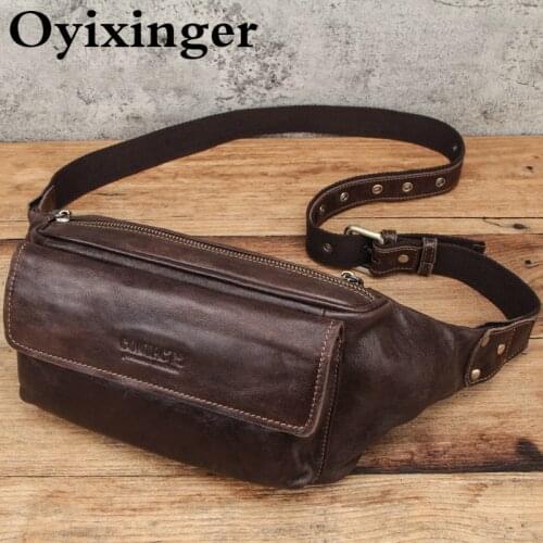 Oyixinger Mens Waist Bag New Genuine Leather Coffee Bag Fashion Cowhide Men Chest Pouch Small Outdoor Bags Phone Bag Male 2021
