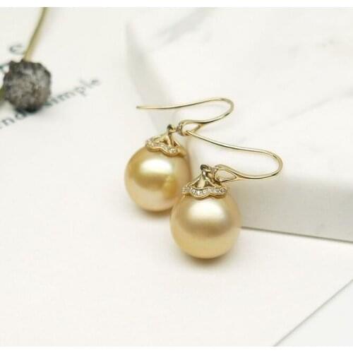 12.35-12.5mm Genuine South Sea Golden Pearl Hook Drop Earrings 14k Yellow Gold