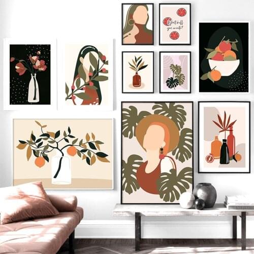 Vintage Fashion Woman Boho Posters Abstract Girl Orange Plant Leaf Wall Art Canvas Painting Interior Home Decor Pictures