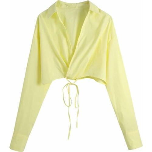 2021 New Women Sexy Fashion With Tie Cropped White Blouses Vintage Crossover V Neck Long Sleeve Female Shirts Chic Tops