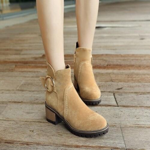 PXELENA Western Chunky Block High Heels Ankle Boots Women Faux Suede Buckle Decor Side Zipper Short Boots Lady Shoes 2018
