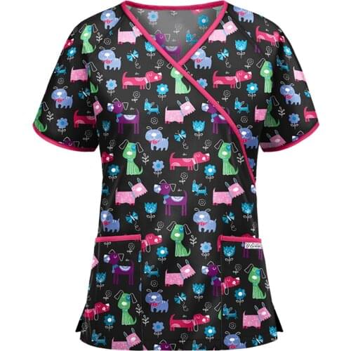 Women Short Sleeve V-neck Tops Working Uniform Cartoon Print Медицинская Одежда Clothes Uniform Scrubs #T1G