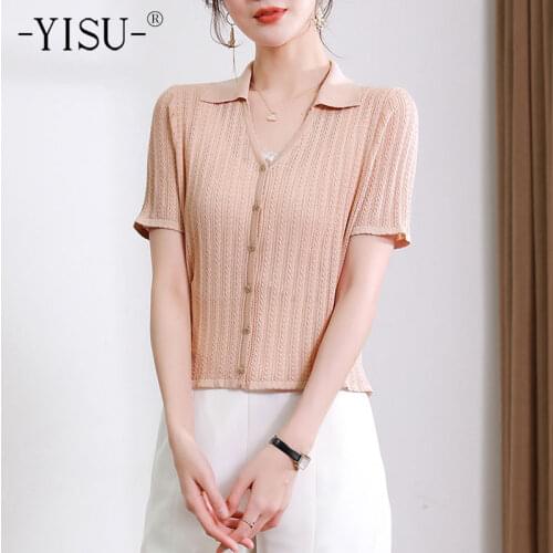 YISU New Summer Cardigan Women 2021 Slim Cardigan Coat Lapel Solid color Short sleeve sweater thin Knitted Coats Female