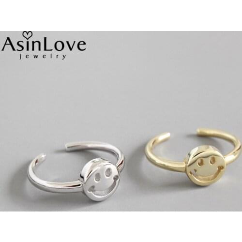 AsinLove Simple Cute Smile Face Rings Real 925 Sterling Silver Fine Jewelry Creative Handmade Designer Popular Ring for Women