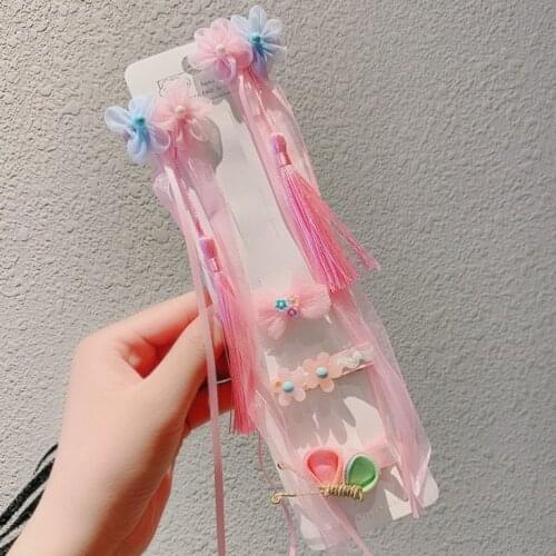 5pcs/set New Hanfu Pink Yarn Bow Hairpins Girls Cute Headband Hair Clip Children Sweet Barrettes Kids Fashion Hair Accessories