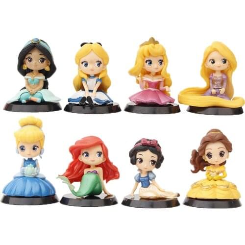 8Pcs/Set Q Posket Disney Princess Figure Toys Snow White Belle Mermaid Rapunzel Ariel Cinderella PVC Model Dolls