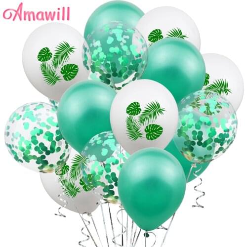 Amawill 15pcs Jungle Party Decoration Flamingo Balloons Turtle Leaf Printing White Balloon Hawaiian Tropical Birthday Decor 8D