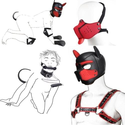 BDSM Pet RolePlay Puppy Play Dog Hood Mask Mens Chest Harness Strap,Pup Tail Plug Paw Crawl Glove Collar Slave Muzzle Sex Toys