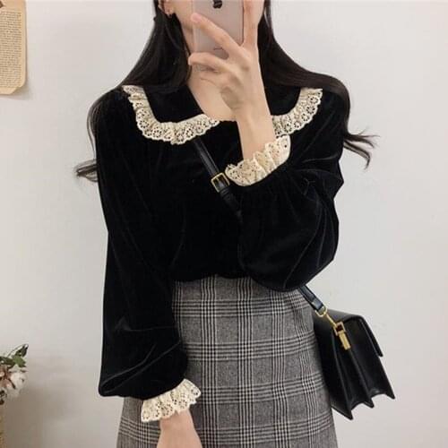Alien Kitty Black High Quality Velvet High-Ranking Lace 2020 Hot Sale Fashion Office Lady Plus Size Full-Sleeved Blouses