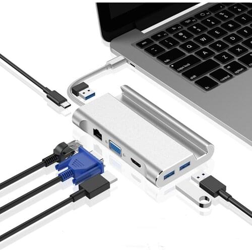 7 in 1 USB-C USB 3.1 Type C to 4K HDMI-compatible VGA Rj45 Gigabit Ethernet 3 USB 3.0 Port PD Charging Adapter Dock Holder Hub