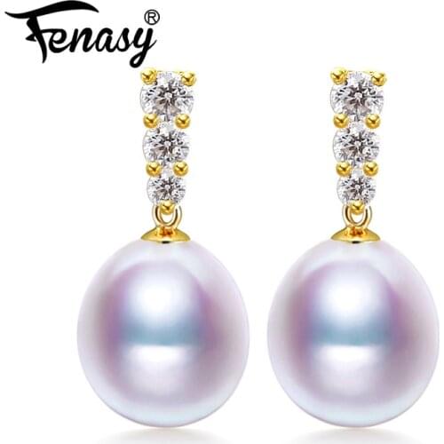 FENASY 18k gold earrings pearl jewelry, Antiallergic 18K yellow Gold drop earrings For Women 2017 New Fashion long earrings