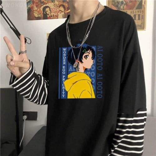 Harajuku Anime Wonder Egg Priority T Shirt Kawaii Sweet Girl Ohto Ai T-shirt Men Women Fashion Fake Two Piece Long Sleeve Tshirt