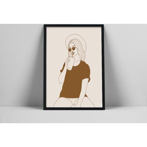 Boho Girl Art Print | Minimalist Woman Line Drawing | Illustration Of Woman | Brown Wall Art | Fashionista Wall Prir | Typograph