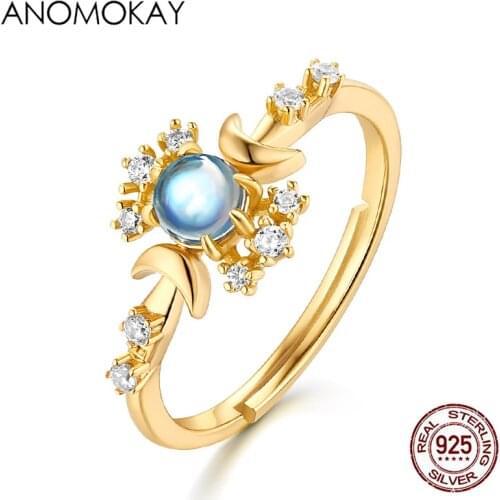 Anomokay Blue Moonstone Little Crown Gold Color Rings for Women Luxury Gift 925 Sterling Silver One Size Ring with White CZ