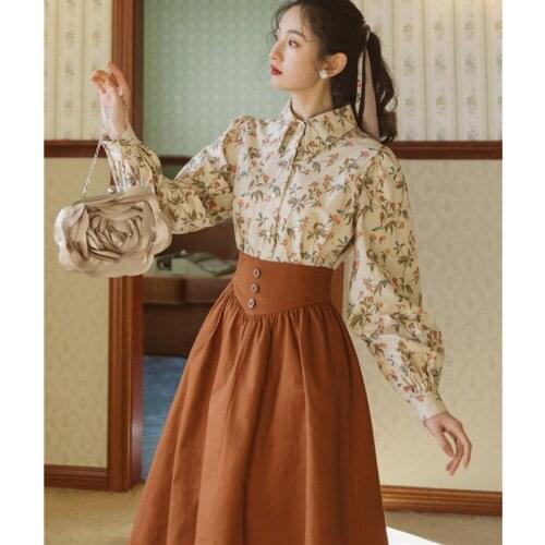 Korean Fashion Women Outfits Autumn Long Sleeve Print Flower Shirt Vintage Blouse Tops & Brown Maxi Skirt For Elegant Lady Suits