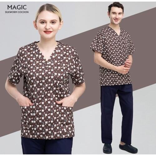 Scrubs Lab Coat Cotton Cartoon Print Spa Uniform Beauty Salon Pet Shop Uniform Fashion Slim Fit Top Scrub Medical Clothes Women