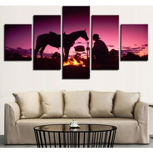 Wall Art Pictures Framework 5 Pieces Sunset Dusk Knight Whit Horse Canvas Painting HD Prints Flame Poster Home Decor Living Room