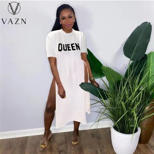 VAZN New 2021 Casual O-neck Letter Print Short Sleeve Women Elegant Fashion Maxi Dress Slim Dress Club Birthday Shinny Dress
