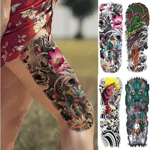 Full Arm Waterproof Temporary Tattoo Japanese Prajna Carp Dragon Sleeve Tatoo Sticker Lotus Body Art Leg Fake Tatto Women Men